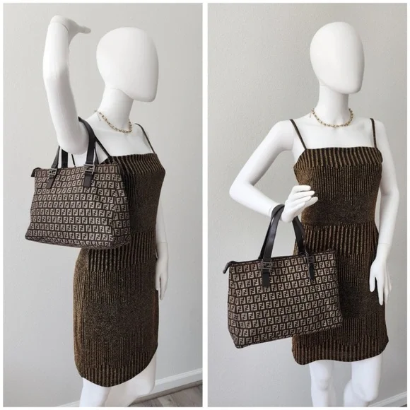 Vintage Fendi Zucchino FF Monogram Canvas Tote Bag Brown Leather Trim Italy - Picture 3 of 10